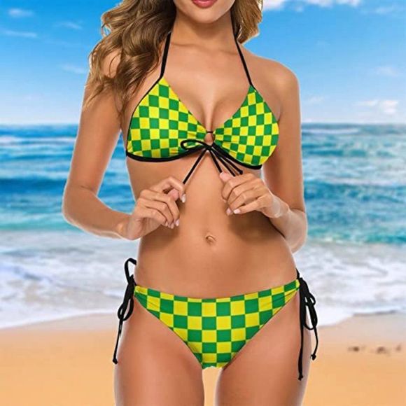 SKT T1 Checkered Bikini Sets for Women Halter Bra Top and High Cut Bikini - Picture 1 of 7